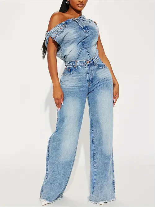 womens off shoulder denim jumpsuit y2 asymmetrical hem wide leg jeans romper vintage distressed blue denim for summer parties streetwear summer party wear asymmetrical design glossy fabric