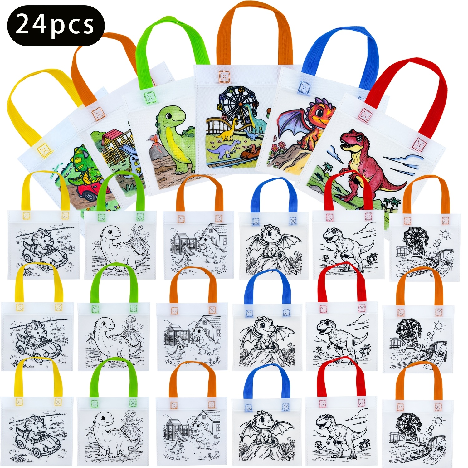 TEMU 24 sacs graffiti motif dinosaure, sacs cadeaux à colorier à , poignées colorées, taille 7.8In, parfaits pour les fêtes artistiques, les fêtes à