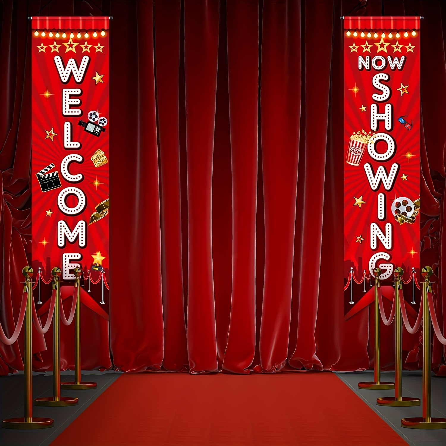 2 Movie Night Banner – 120x30 Cm – Filmabend Party Deko Mit Popcorn, Kamera & Filmrolle – Polyester