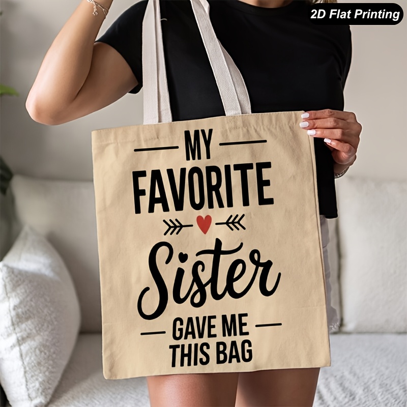 TEMU 1pc Sister Funny Quote Tote Bag Double Sided Printing Reusable Grocery Shopping Bag Beach Tote Bag Perfect For School, Travel, And , Cute Tote