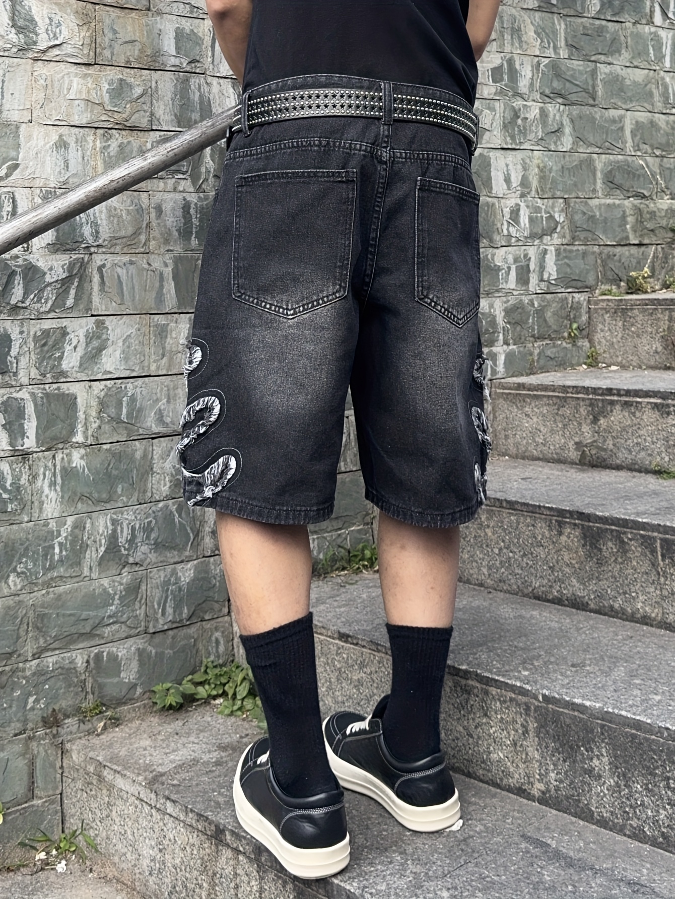 Socks Black Jean Shorts Mens Style Men's Loose Fit Distressed