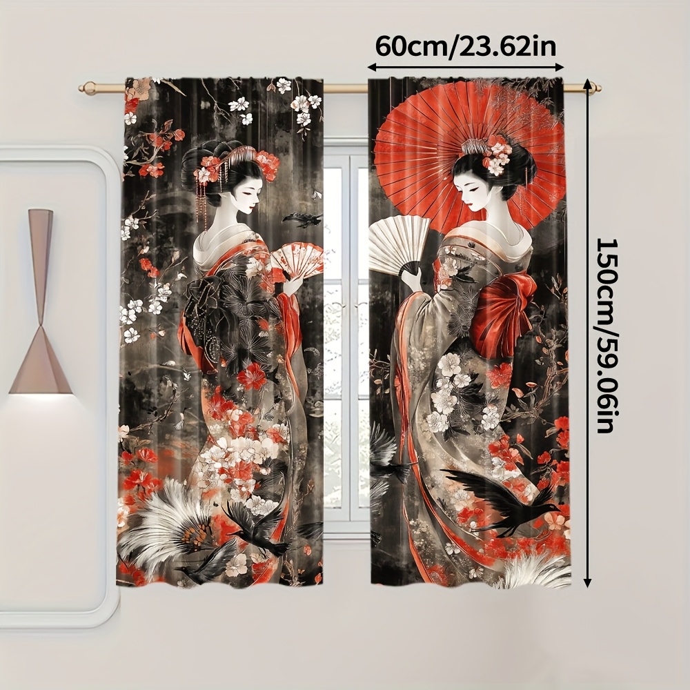 TEMU Set Of 2, Featuring A Bohemian-inspired Print Of A Japanese Geisha, Made From 100% Polyester. Ideal For A Translucent Look, Designed As A Rod