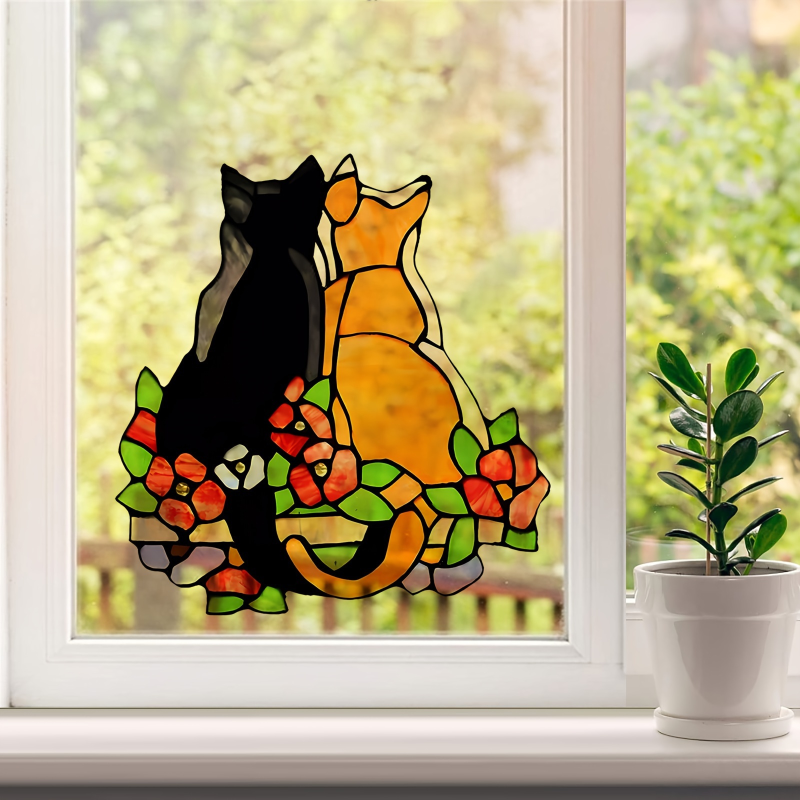 20cm 7 8inch decorative art stained glass window sticker adorable black and   couple with flowers suitable for windows walls and more reusable and easy to apply details 3