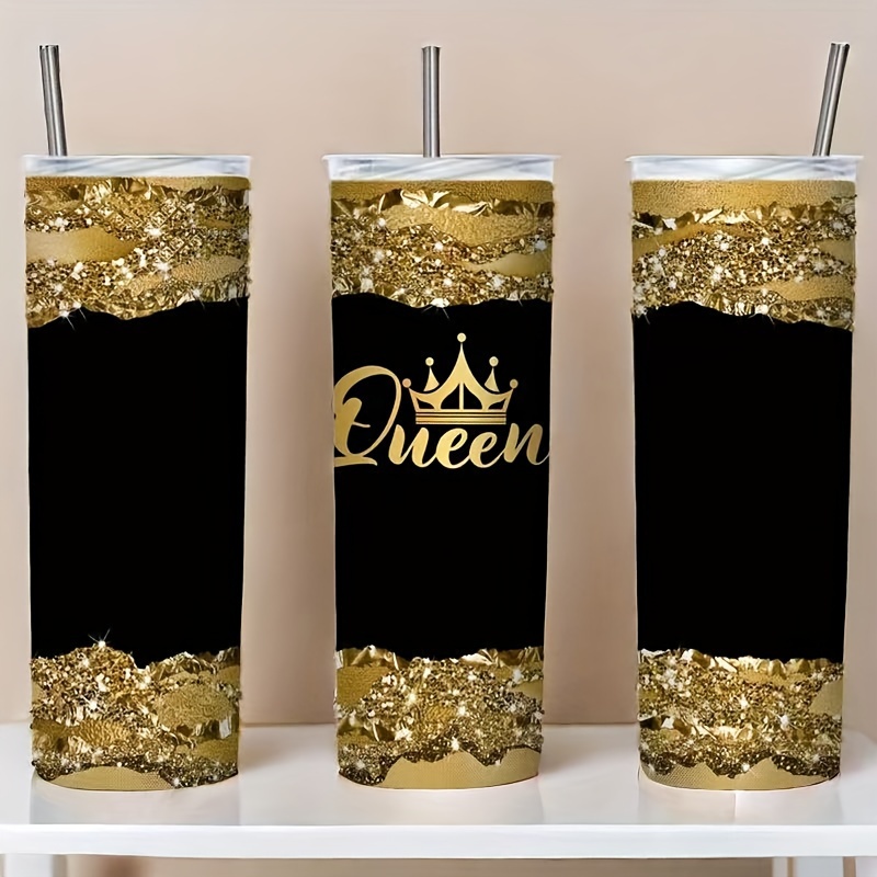 

1pc Insulated Stainless Steel Queen Pattern Tumbler With Lid, Portable Vacuum Cup For Hot And Cold Drinks, Ice Cube Friendly
