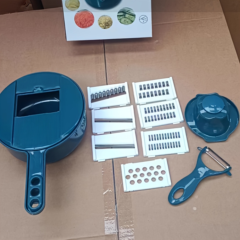 TEMU Kitchen Chopping Tool, 12-in-1 Multifunctional Vegetable Chopper With Container, Drainer, Hand Guard 6 Stainless Steel Blades. (blue)