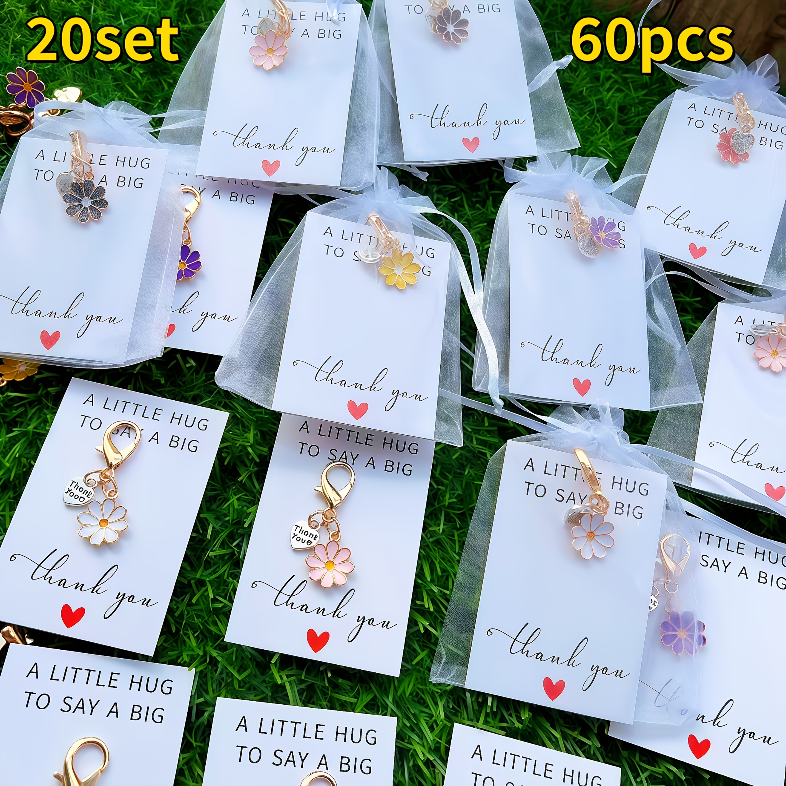 TEMU Gift For Her/him 60pcs/20 Sets Daisy Keychain With Thank You Pendant And Card Gauze Bag, Golden Lobster Clasp, Small Flower Key Ring, [20pcs