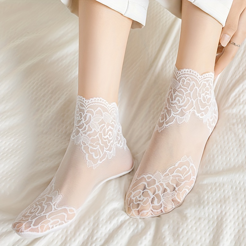 

10 Pairs 3d Textured Floral Lace Ankle Socks, Comfy & Breathable Short Socks, Women's Stockings & Hosiery