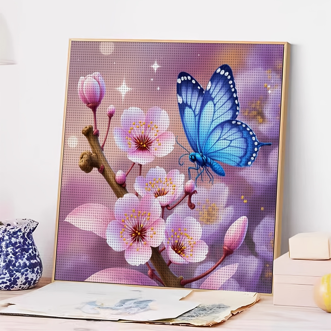 Cross-Stitch Printing Kit Without Frame, Blue Butterfly on Pink Flower Design