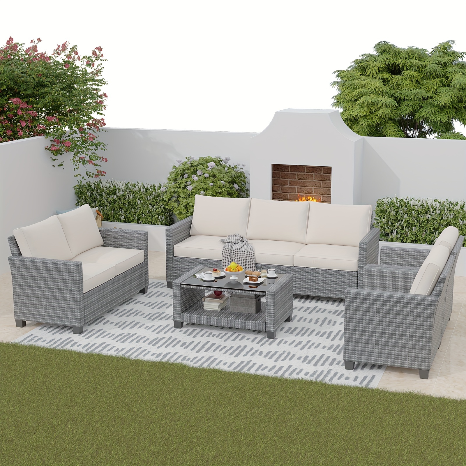 5 pieces patio furniture sets all weather outdoor sectional patio sofa manual weaving wicker rattan   sofas with cushion and glass table