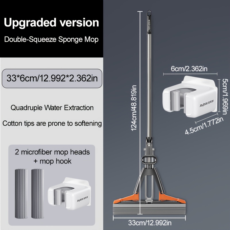 TEMU 1set, Double-fold Sponge Mop, With Total 2heads & 1mop Hooks, Stainless Steel Handle, Super Absorbent, For , Dust Removal On Kitchen, Bathroom,