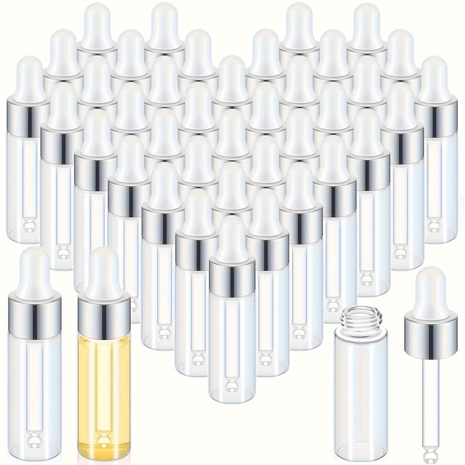 TEMU 40pcs 1/2/3/5ml Silvery Mini Glass Mini Dropper Bottle Sample Bottle Small Sample Vial With Lid For Travel Essential Oil Cosmetics Liquid Sample