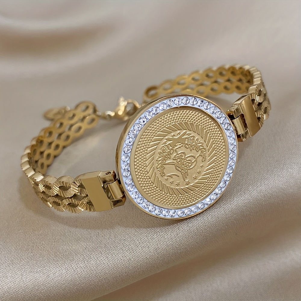 Image of Selling New Hollowed Out Round Brand 18k Gold Plated-plated Stainless Steel Bracelet Embedded With Rhinestones