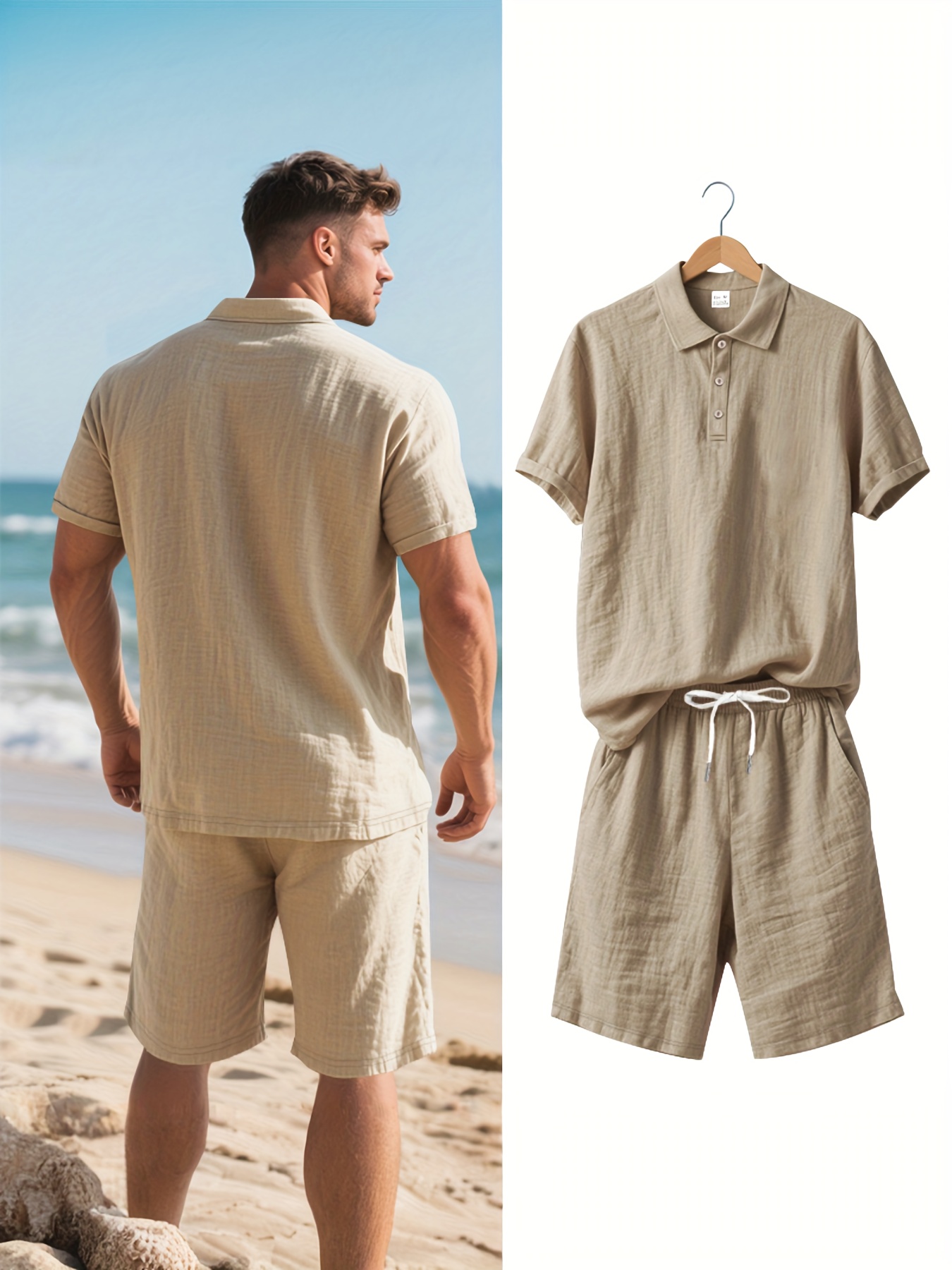 Men's Linen Short Sleeve Shorts Set, Summer Outdoor Sports Casual Breathable Short Sleeve Shirt with Shorts