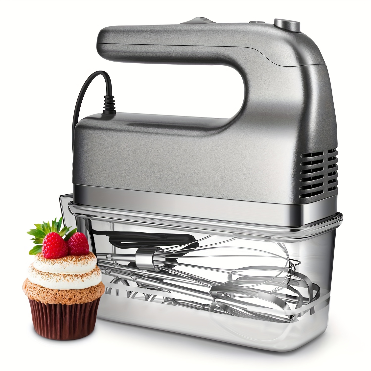 TEMU Hand Mixer, 450w Handheld Mixer With Storage Case 5- Turbo Hand Mixer Electric With 5 Stainless Steel Attachments(2 Beaters, 2 Dough Hooks And 1