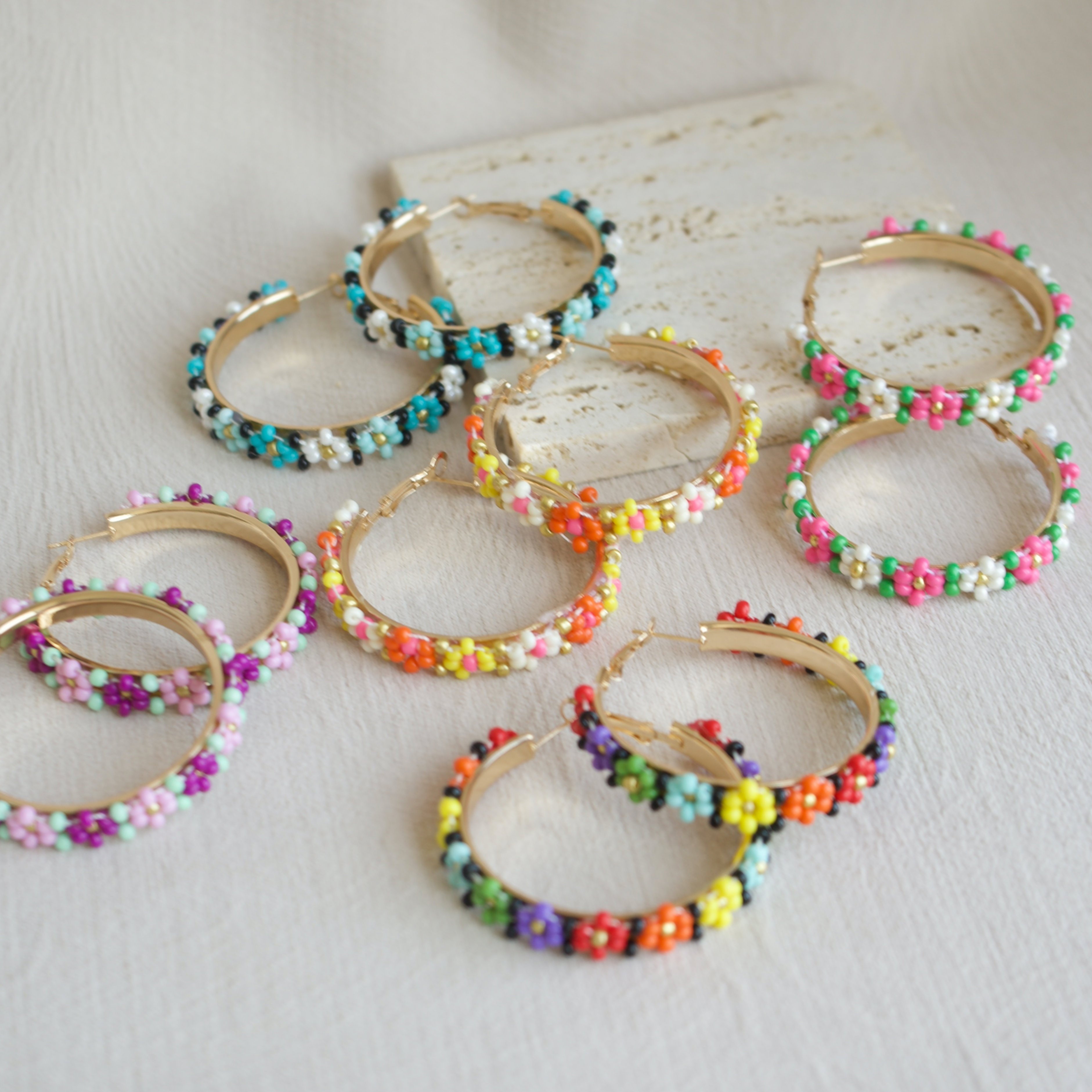 Boho Beaded Hoop Earrings Set, Handwoven Flower Ear Needle