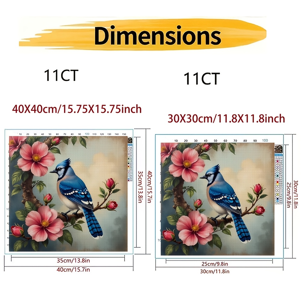 Frameless Cross-Stitch Printed Kit, Blue Bird on Flowering Branch Design