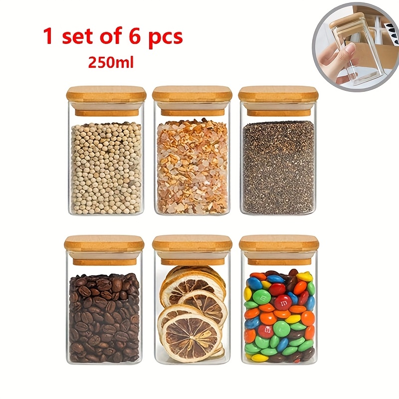 Image of 4/6/12pcs Rectangular Glass Storage Containers With Bamboo Lids, Transparent Food Jars For Sugar, Coffee, Tea, Nuts, Spices, Oats, Kitchen Spice Storage Glass Jars With Bamboo Lids