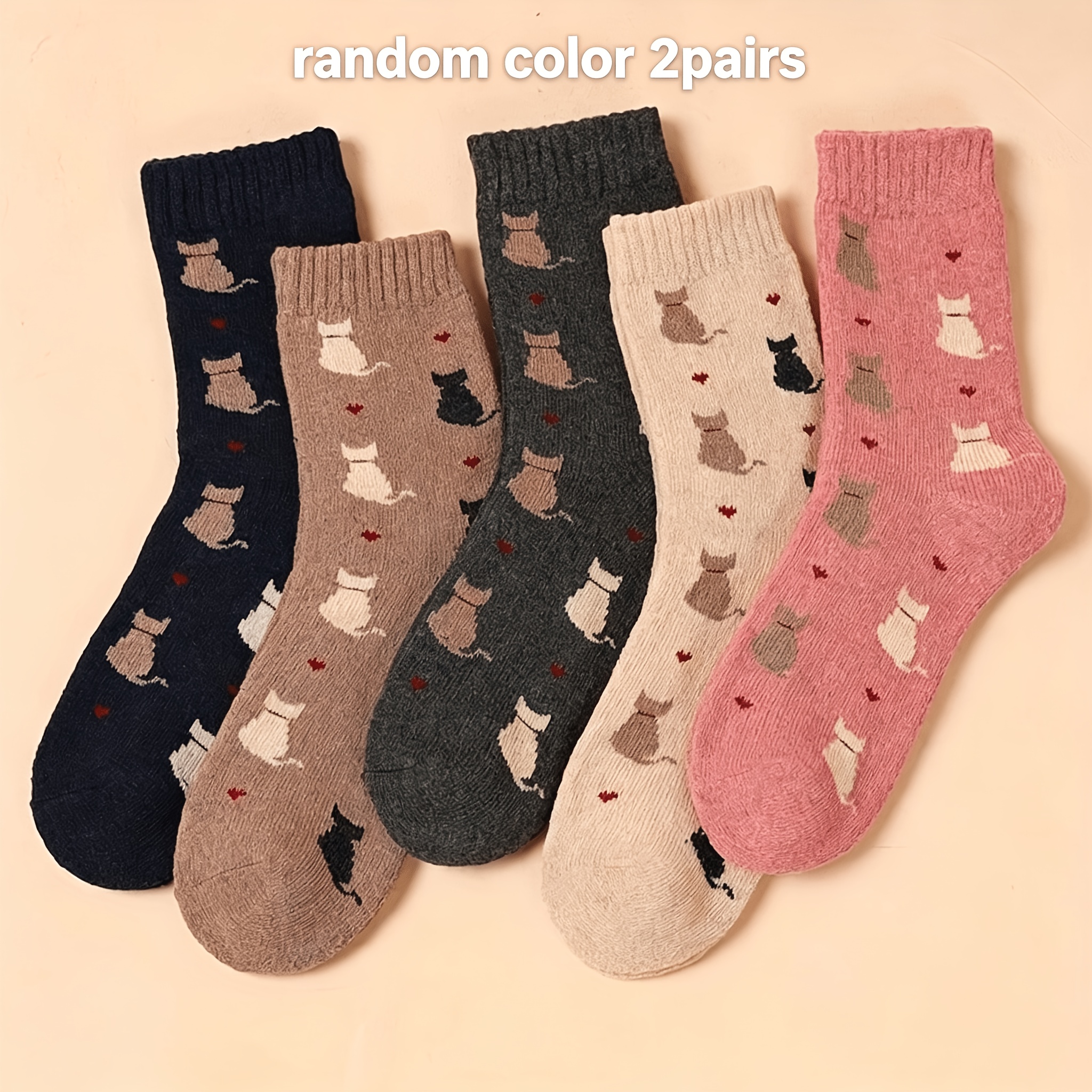 TEMU Couleurs aléatoires 2 paires Design multicolore Automne et hiver Femmes Peluche Velours Chaud Chaussettes tubes Tendance Chat de dessin