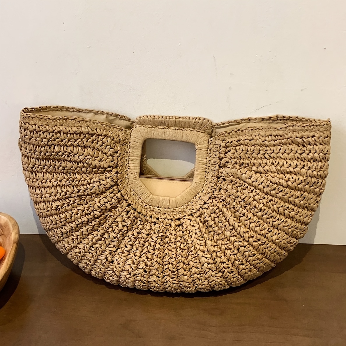 TEMU A -style Solid-color Khaki Paper-woven Large-capacity Tote Bag Featuring An Openwork Paper-woven . Its Spacious Interior Can A Phone, Hat, And