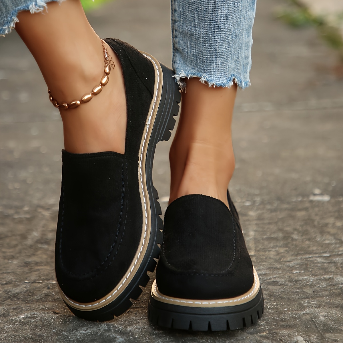 TEMU Women's Casual Slip-on Loafers - Black, Rubber Sole, Fabric Upper, Shoes, Casual Footwear | Stylish Loafers | Comfortable Footwear