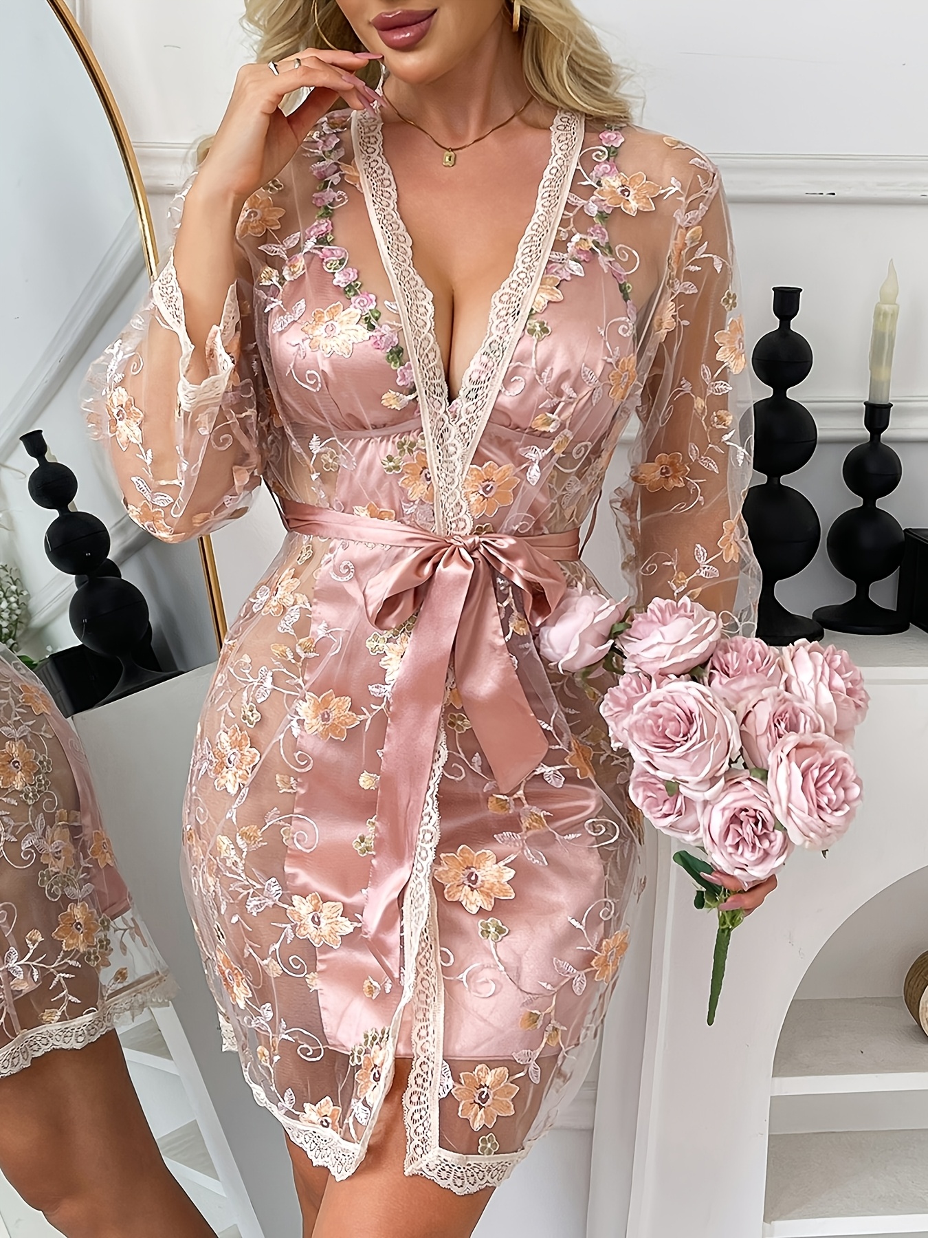 Sexy Deep V-Neck Floral Embroidered Patchwork Criss-Cross Backless Sleep Dress with Tie-Up Robe Loungewear Set BS0908
