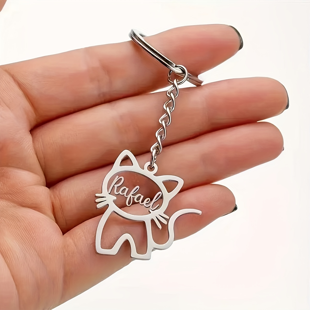 TEMU Personalized Custom Name Cute Cat Silhouette Keychain, 304 Stainless Steel Keychain, Bag Pendant, Key Decoration, Animal Theme, Christmas Gift,