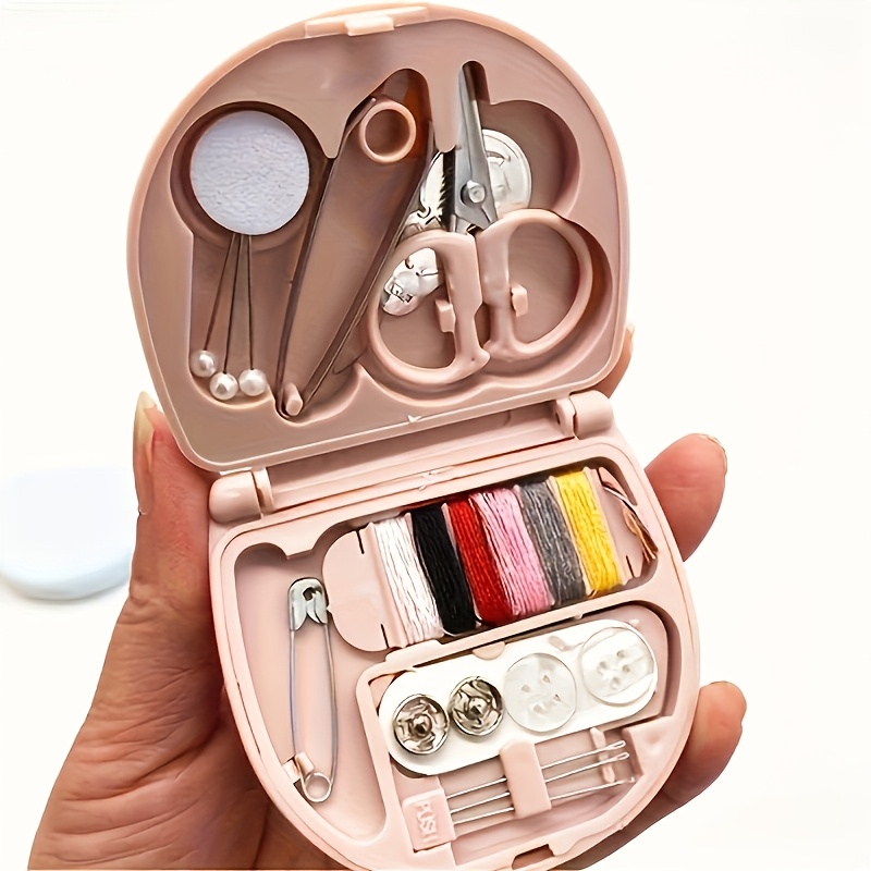 

1pc Compact Travel Sewing Kit With Mini Scissors, Buttons, And Thread - Portable Emergency Repair Set In White/lotus Pink