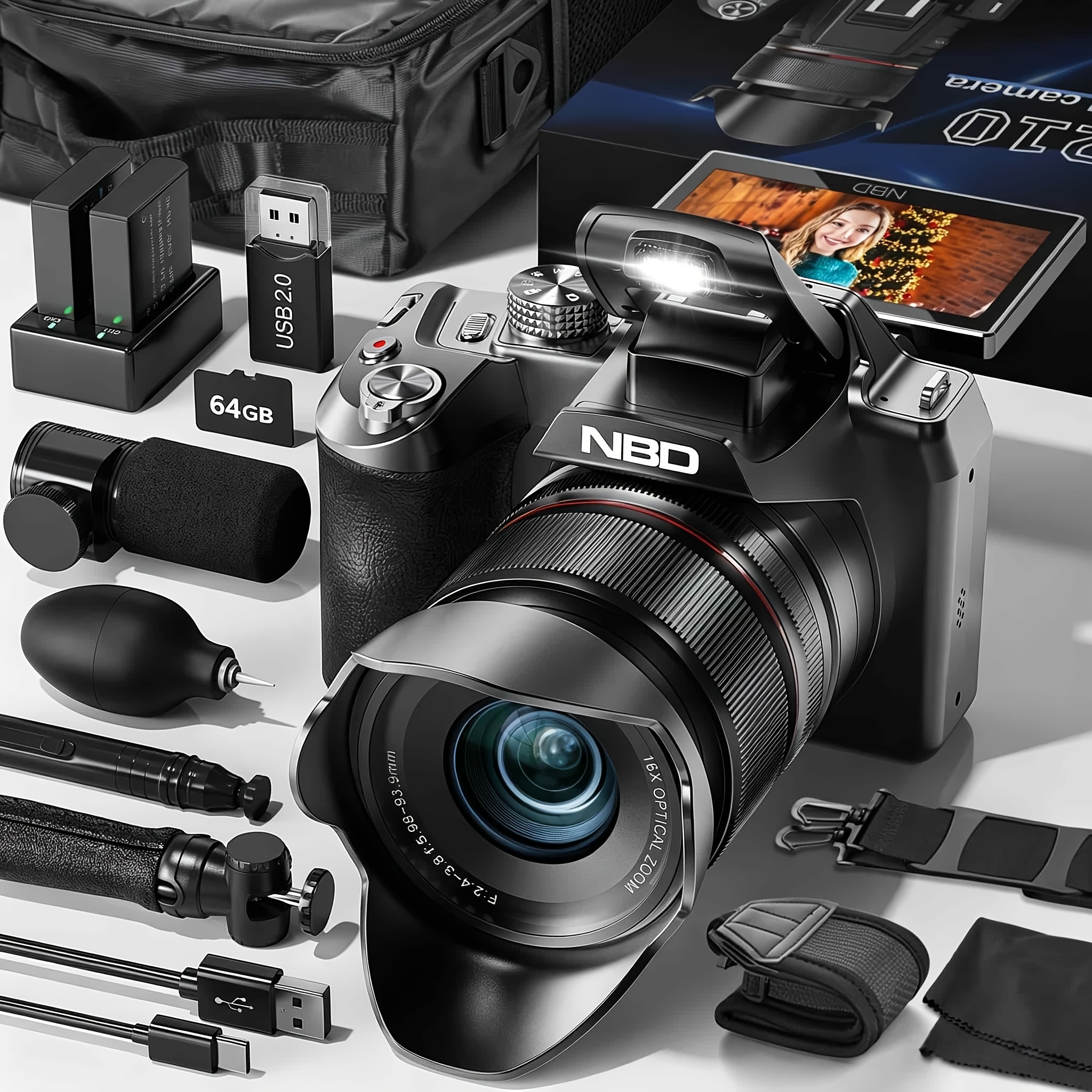 5K&64MP Digitalne Fotoaparati za Fotografijo, 16X Optični Zoom s WiFi & Nadzorom prek Aplikacije, Vloging Kamera z 180° Obrnljivim 3-palčnim