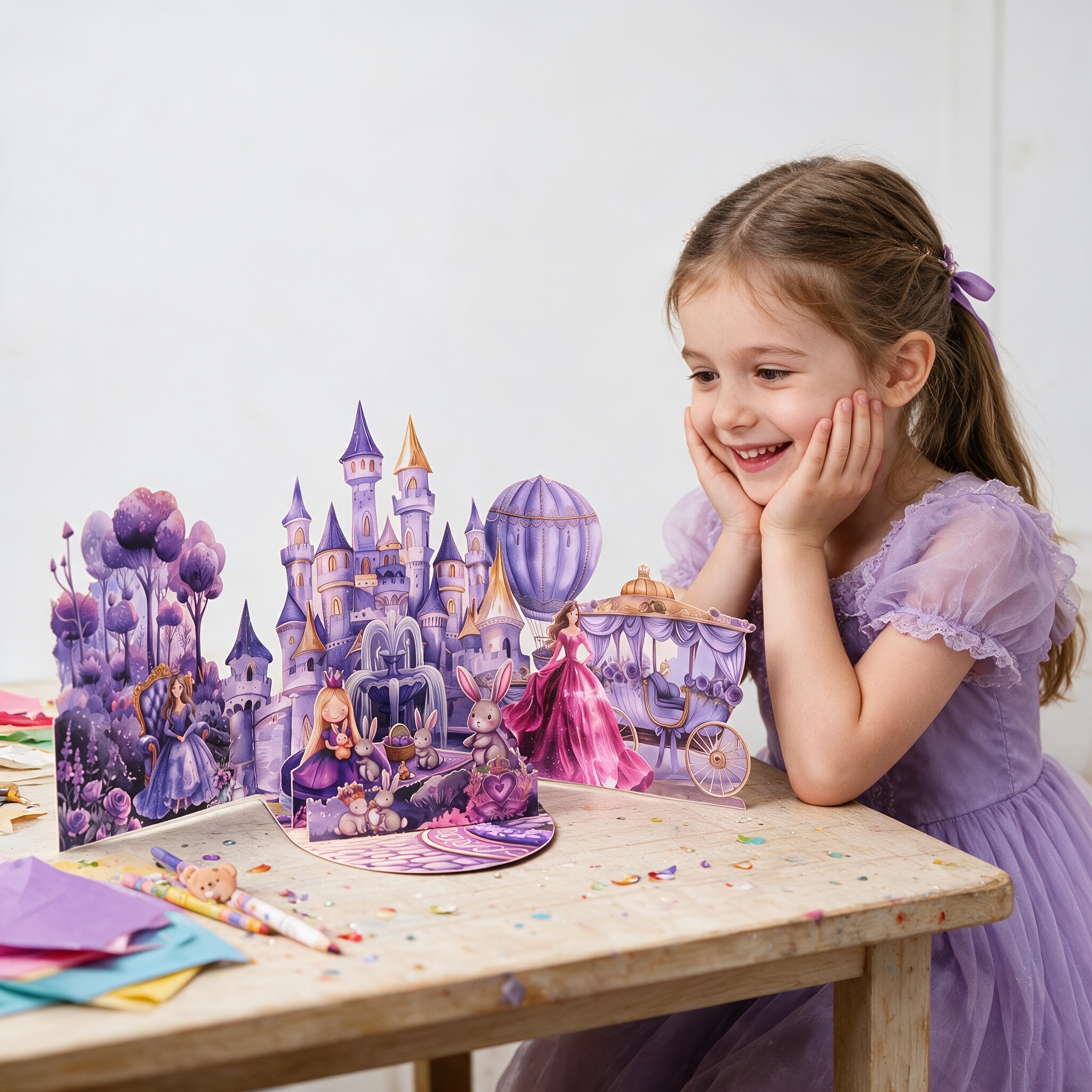 TEMU 1pc Castle 3d Pop-up Greeting Card, Featuring A Fairytale Scene With A , Hot Air Balloon, Rabbit, And Fountain. Foldable Magic Watercolor Paper