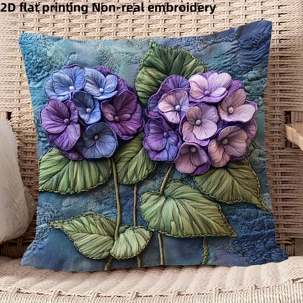 TEMU 1pc Vintage Purple Flower Plush Pillow Cover, 18x18 Inches, Soft Polyester, 2d Flat Print With Zipper Closure, Machine Washable, Ideal For Home,
