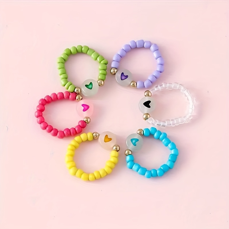 Boho Cute Glass Bead Elastic Ring Set Luminous Heart Charms - Temu