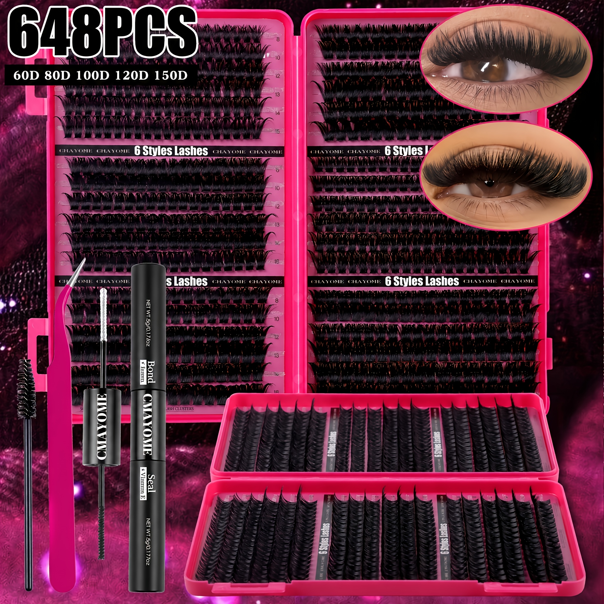 Image of 648pcs Thick Eyelash Clusters Extension Set - High-density Individual Lashes, Includes Glue And Sealing Liquid, Tweezers And Brush, , Great For Holidays, Parties, Or Everyday Wear, Perfect As A Gift