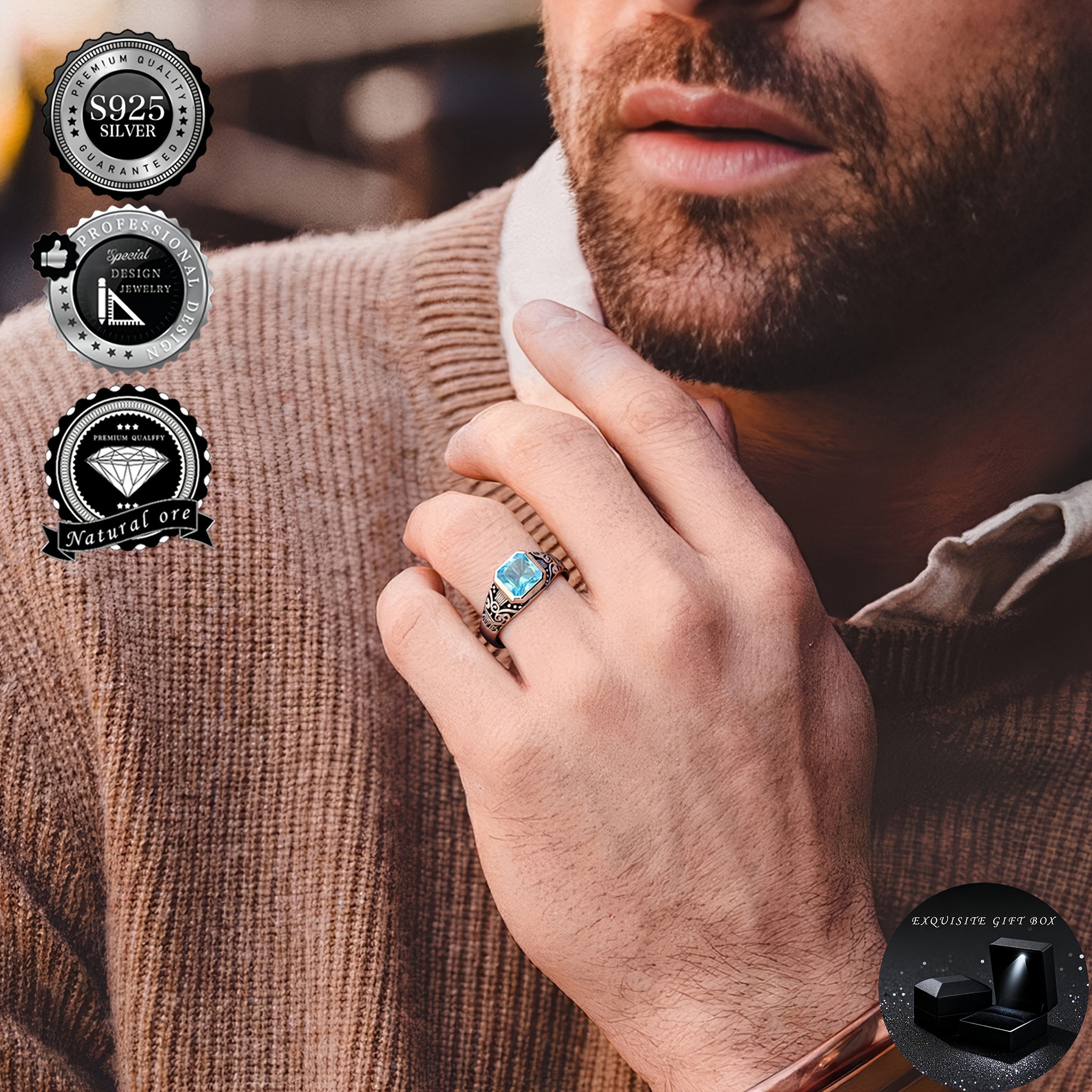 S925 925 Silvery Ring, With Light Blue Synthetic Synthetic Gems & Intricate Engraved Details | Hypoallergenic, Vintage- | Great For Daily Wear, Holiday/birthday Gifting, Suitable For Men