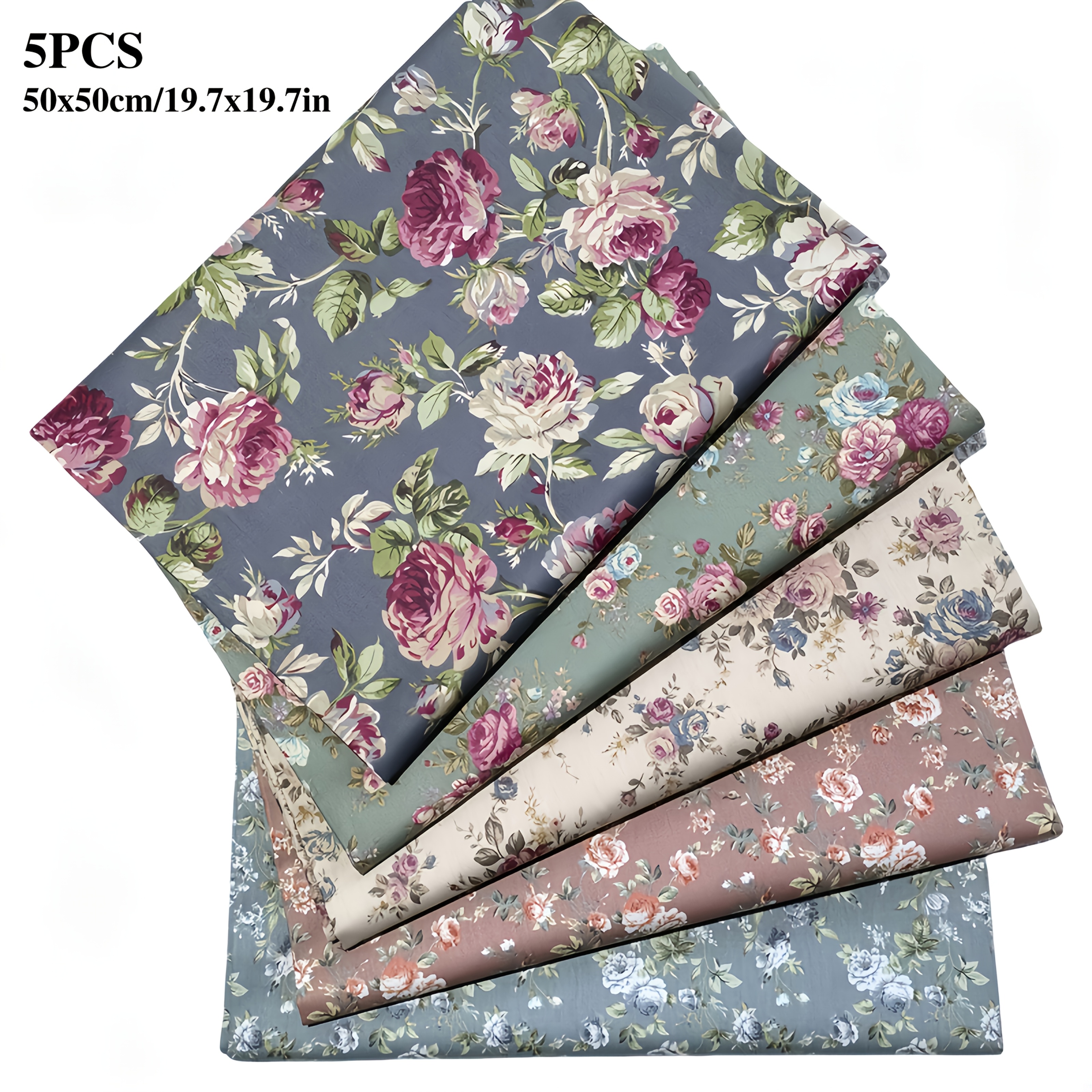 E-shop Ein Set aus 5 großen, vintage-floralem Stoffstücken, Größe 50x50 cm/19,7x19,7 Zoll, vorgeschnitten zum Basteln. Es enthält 5 verschiedene