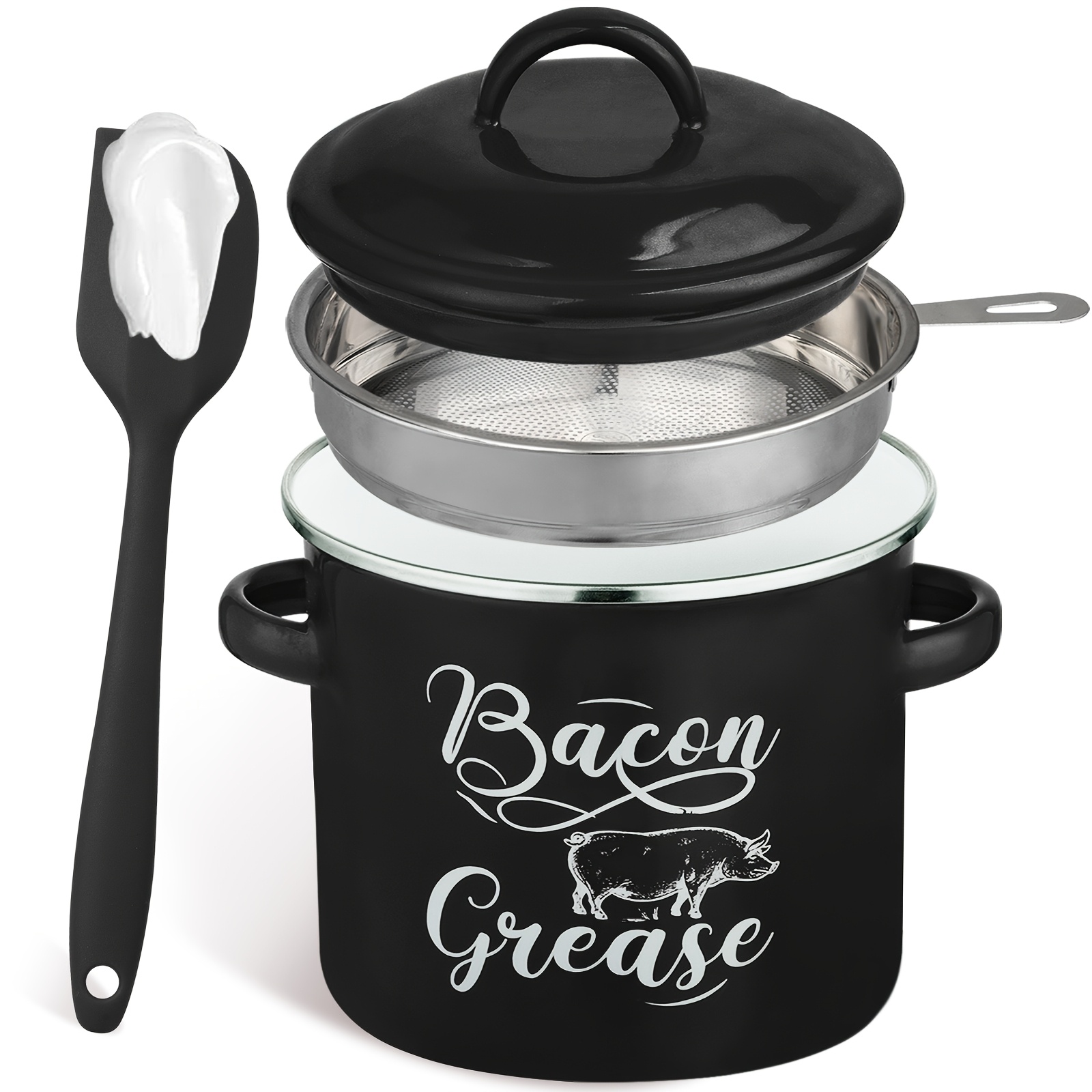 1pc black 46oz   grease saver with strainer stainless steel   grease container for kitchen with 1 black spoon used cooking oil container   farmhouse enamel rustic farmhouse keeper mothers day gift for kitchen enthusiasts