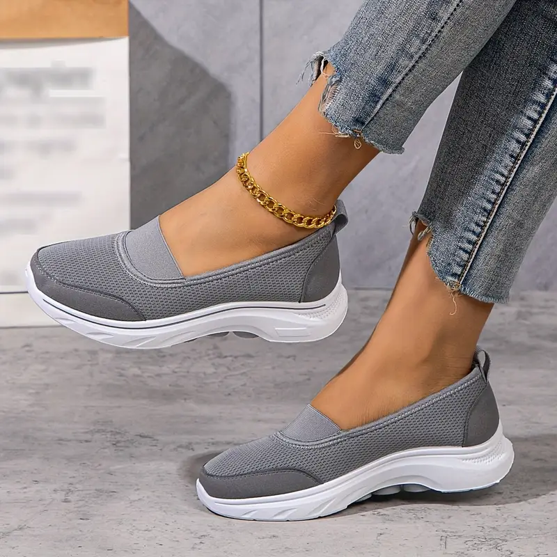 womens spring casual slip on sneakers comfortable solid color mesh fabric shoes non slip soft pvc sole low top plain toe walking shoes for middle aged and elderly details 6