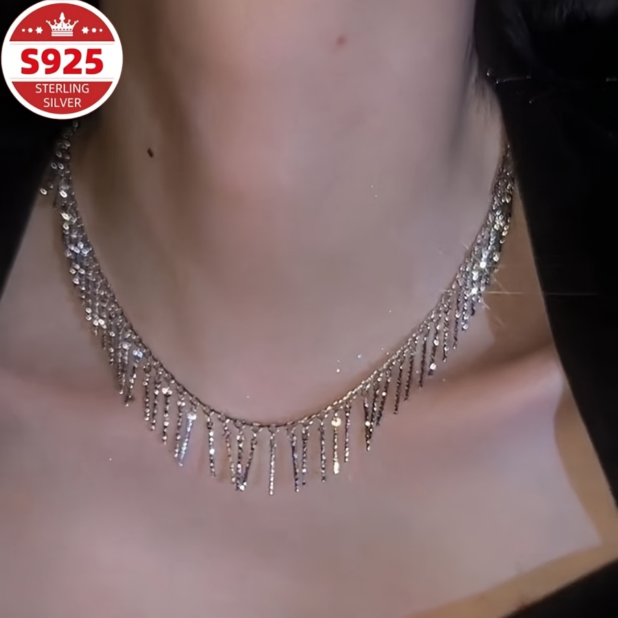 TEMU S925 Sterling Silver Sparkling Fringed Necklace, Women's Jewelry, Must-have For, Perfect Gift For Valentine's Day, Halloween, Christmas, Stuffed