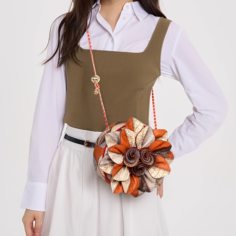 Genuine Leather Flower Crossbody Bag for Women - Vintage Style, Adjustable Strap, Zipper Closure, Polyester Lining, Crocodile Pattern, Mixed Colors, Elegant Accessory for Casual or Formal Occasions, Versatile Crossbody Bag | Vintage Floral Bag | Genuine Leather Bag, Purse Crossbody