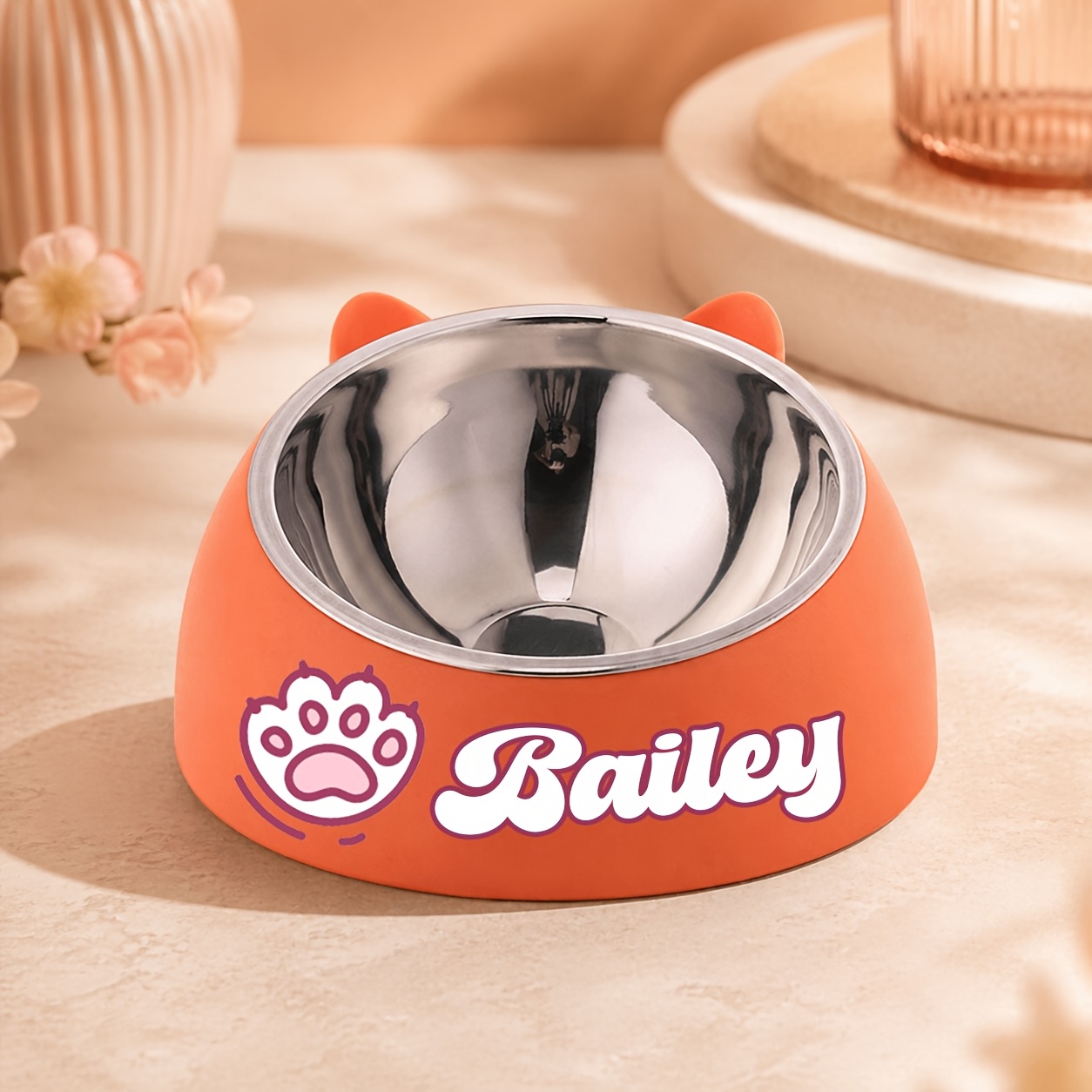 TEMU Personalized Cute Cat And Dog Bowl, Custom High Quality Stainless Steel Pet Bowl, Tilt Pet Bowl For Neck Protection, Nice Gift For Pets