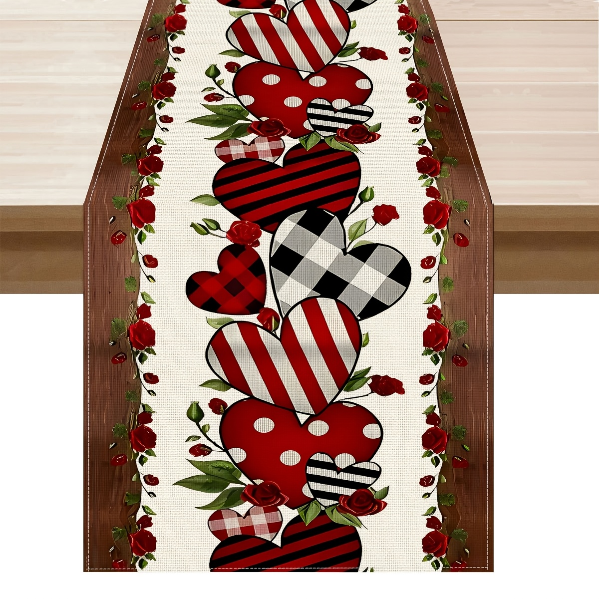 

1pc Valentine's Day Table Runner - Red Eucalyptus Leaves And Hearts Design, Rectangular Linen Fabric, Woven, For Wedding Anniversary Home Kitchen Dining Decor