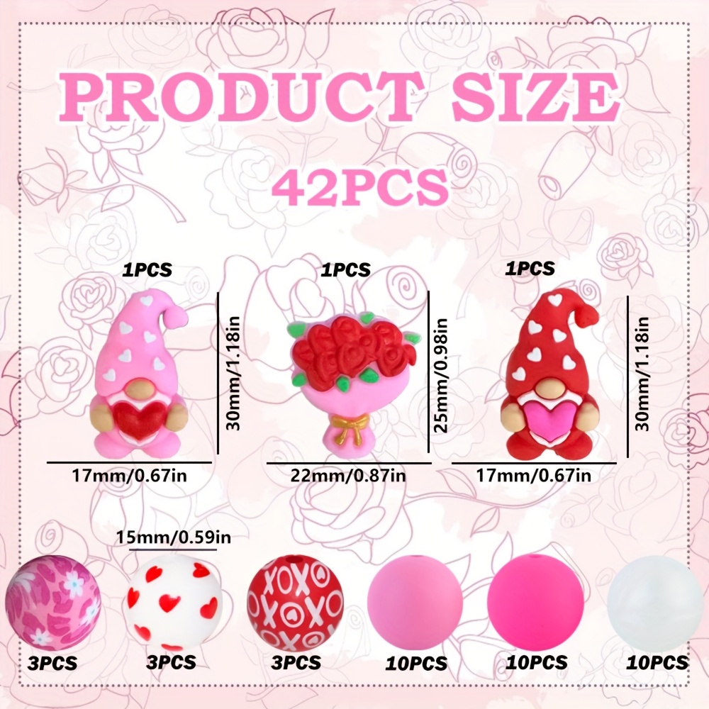TEMU 42pcs 3d Pink And Hugging Heart-shaped And Bouquet Silicone Beads - A Versatile Craft Set Suitable For Earrings, Necklaces, Christmas Beads,