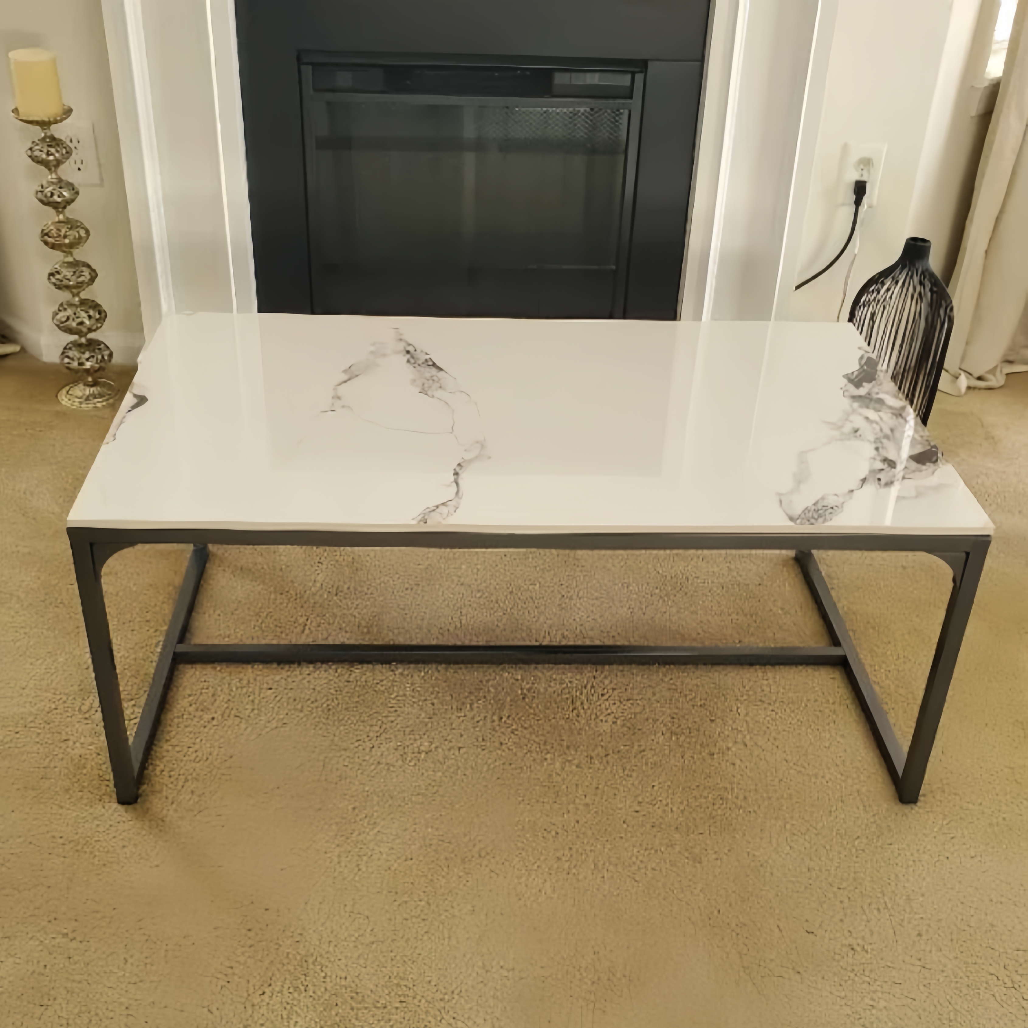 3rd Gen Sintered Stone White Coffee Table - Ultra Dense Heat&scratch Proof, Alloy Frame Rust-proof Finish, Assembly For Living Room Cafe Office