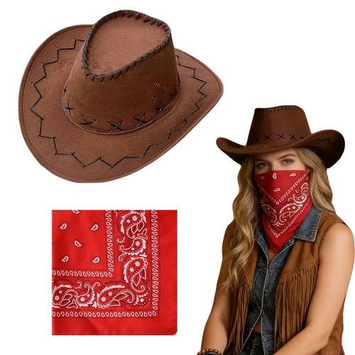 this 2pcs cowboy themed womens outfit set a stylish western cowboy hat and bandana mens and womens sun hats riding hats beach straw hats and wide brimmed hats halloween family retro parties and carnivals