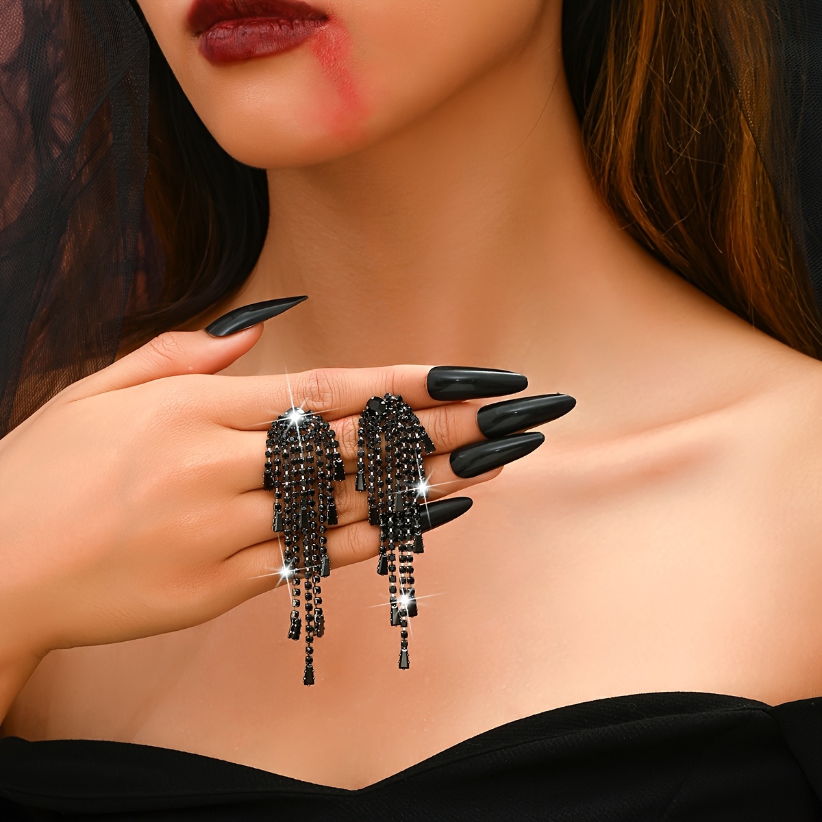 Image of 1 Pair Gothic Halloween Black Stone Earrings Party Jewelry For Women, Additions For Costume Events & Casual Attire