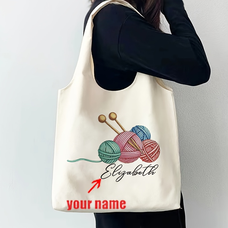 

1pc Personalized Crochet Knitting Pattern Tote Bag - Polyester Fashion Shoulder Bag With Fixed Strap, Foldable, Lightweight, Fade Resistant, Alphabet & Cartoon Print For Vacation, Open Closure