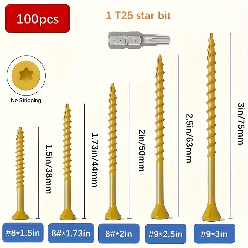 

100pcs Rust-proof Deck Screws - 8/9/10 Star Flat Head Epoxy Coated Wood Fasteners - Self Tapping & T25 Driver Bit Drive For Maximum Durability