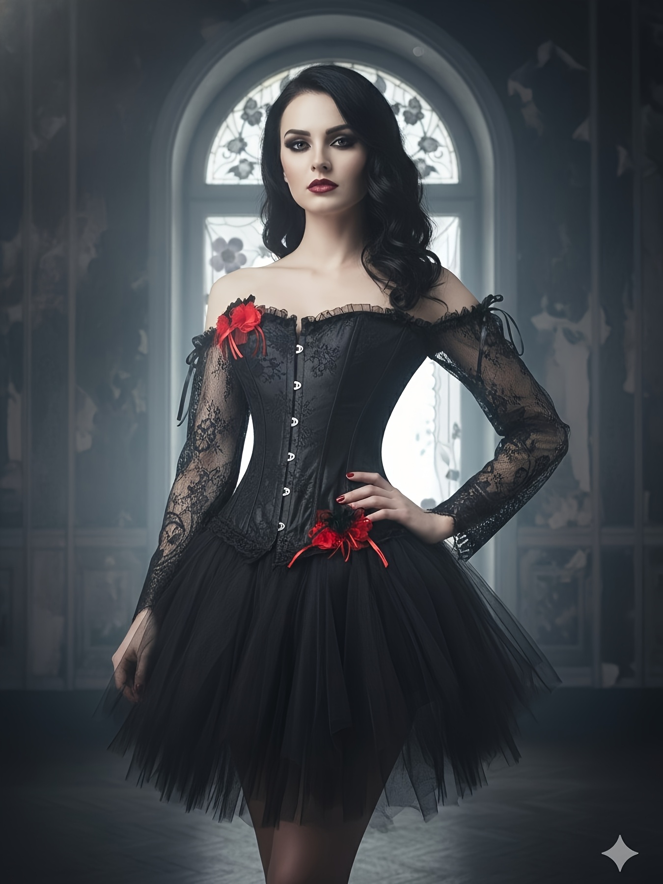 Dark Gothic Victorian Style Contrast Lace Long Sleeve Bodysuit + Black  Lolita Style TUTU Skirt, Halloween Vampire Costume Set * Party Outfit