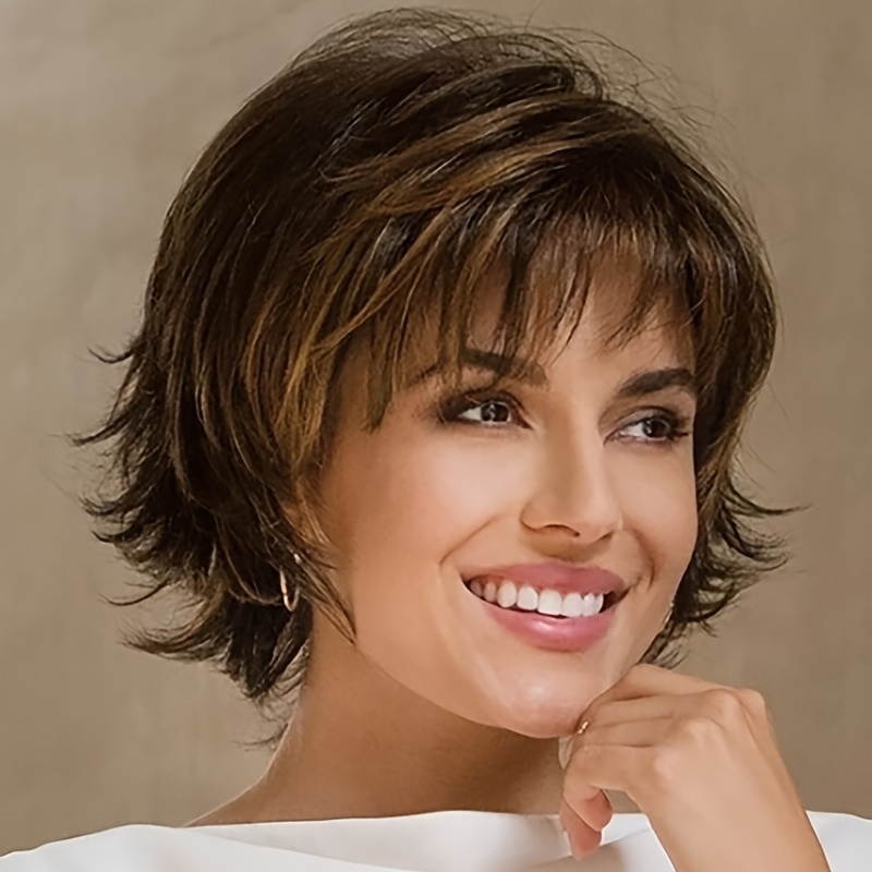 

Women's Short Curly Wig With Side Bangs, Brown To Blonde Highlights, Heat Resistant Synthetic Hair, Rose Net Cap, 130% Density, Perfect For All Occasions - 1pc