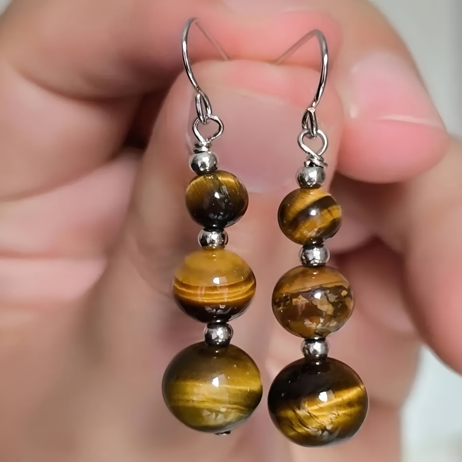 TEMU Chic Tiger Eye Beaded Earrings For Women - Synthetic Birthstone, Stainless Steel Hooks, Perfect For Daily Wear & Special Occasions, Fashionable