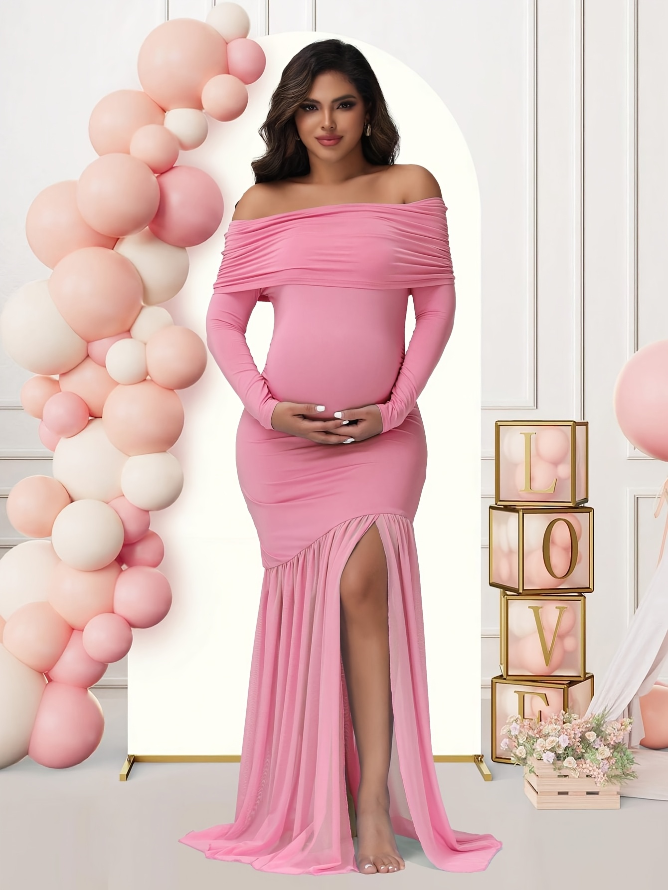 Maternity Off-Shoulder Shower Dress - Elegant Mermaid/Tail Maxi Gown with  Mesh Panel & Split Hem, Long Sleeve Photography Dress Suitable for  Photoshoots, Weddings, Baptisms, Pregnancy Announcement ...